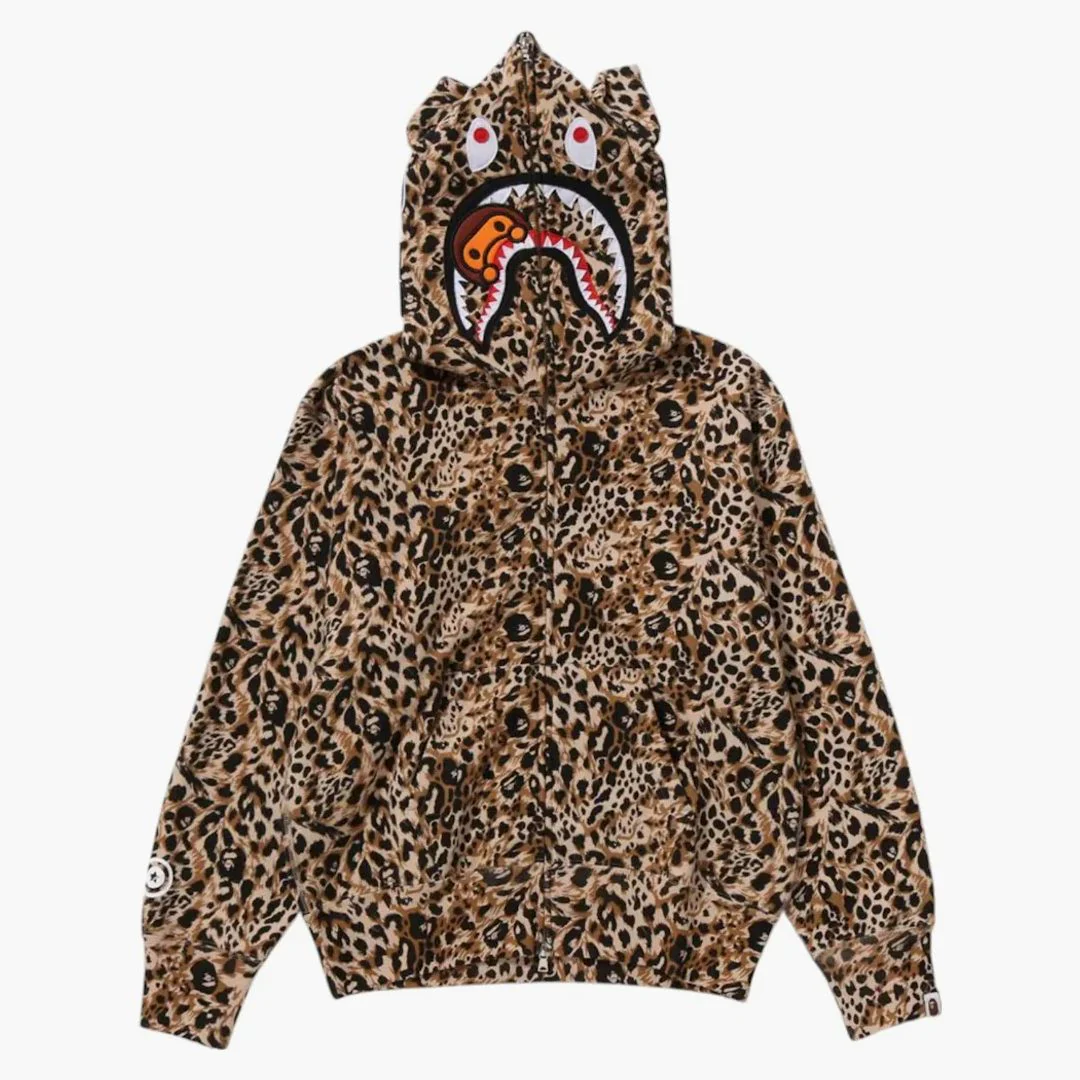 Bape Wild Leopard Pattern Milo Shark Full Zip Hoodie Beige