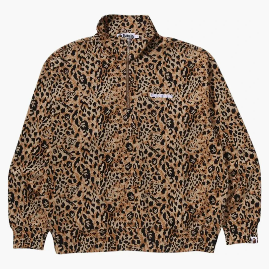Bape Wild Leopard Pattern Relaxed Fit Half Zip Sweatshirt Beige