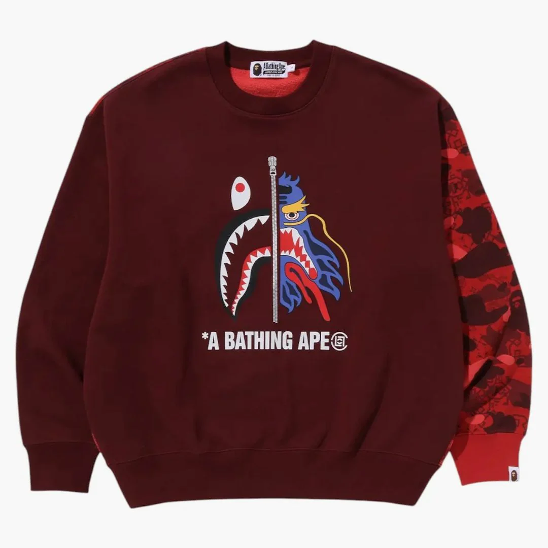Bape X Clot Camo Shark Crewneck Red - Image 2