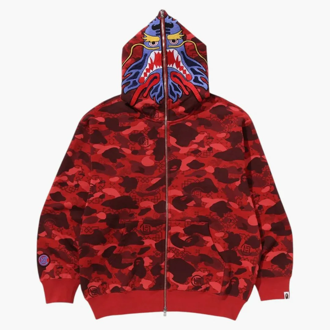 Bape X Clot Camo Shark Full Zip Hoodie Red