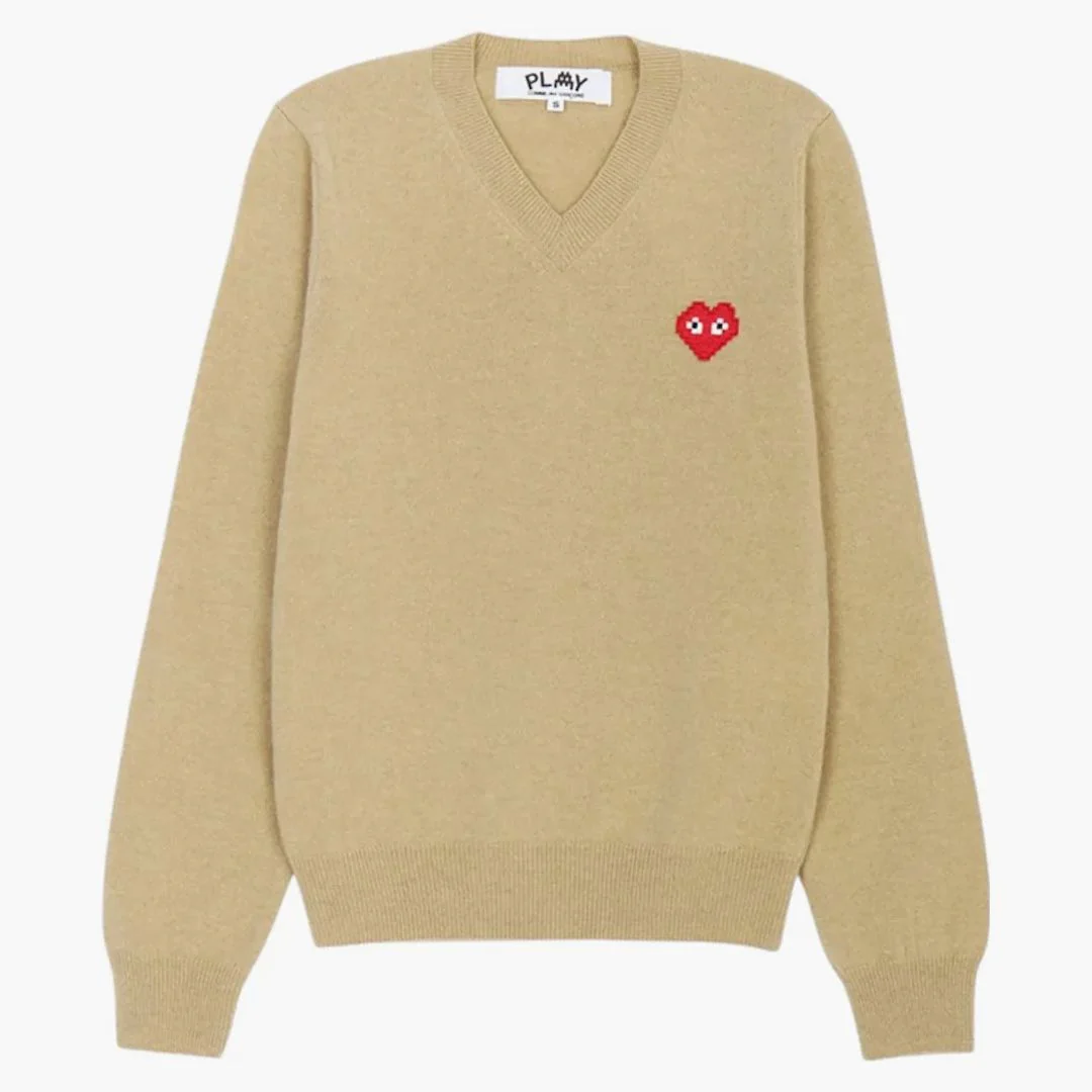Comme Des Garcons X Invader Pixelwappen V Neck Pullover Knitwear Camel