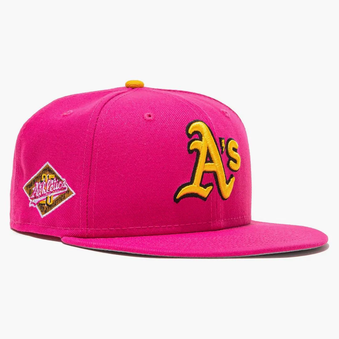 New Era Oakland Athletics Beer Pack 25th Anniversary Patch Hat Club Exclusive 59fifty Fitted Hat Magenta/yellow - Image 2