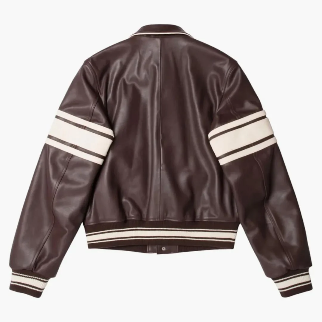 Stussy X Wales Bonner Leather Varsity Jacket Brown - Image 2