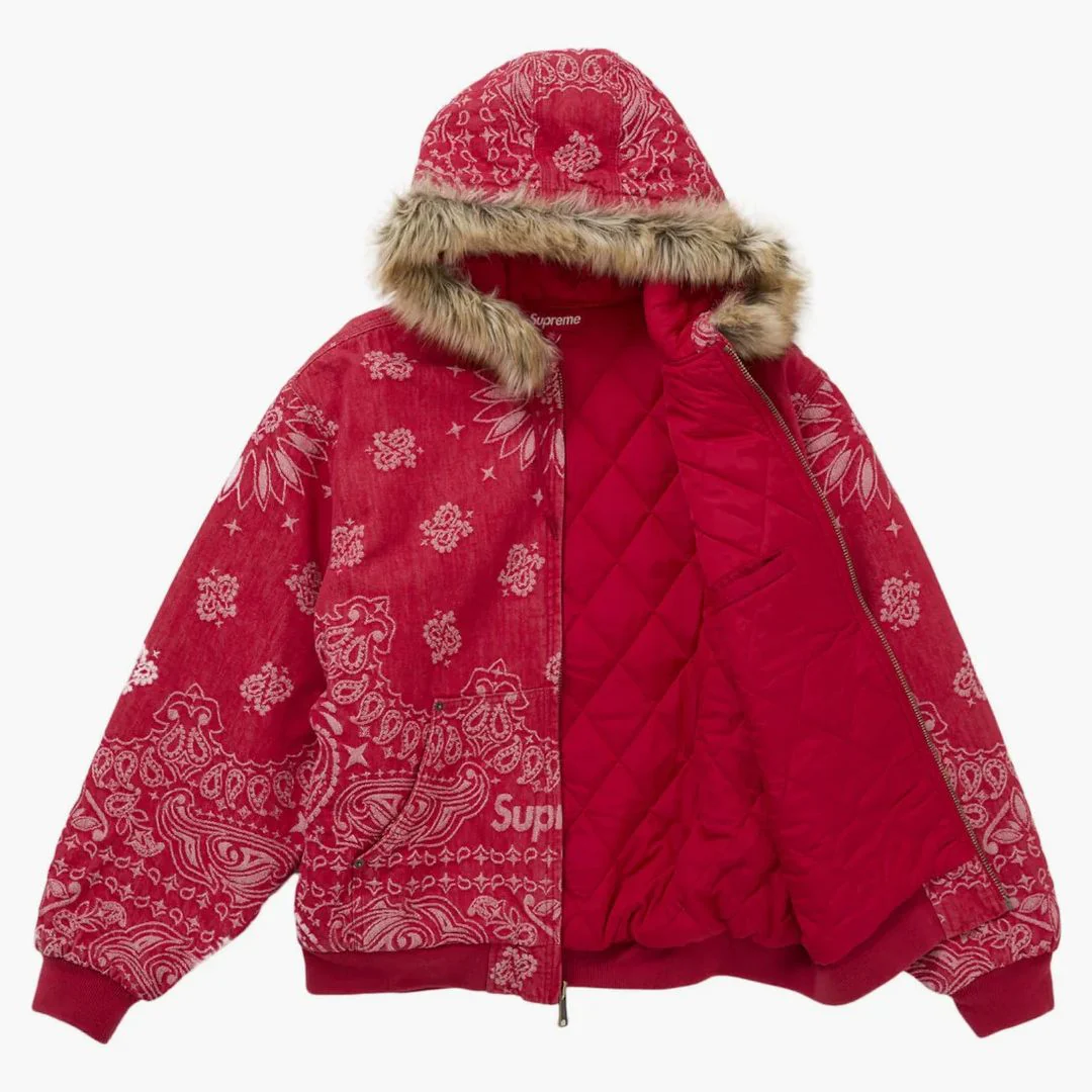 Supreme Bandana Jacquard Denim Hooded Work Jacket Red - Image 3