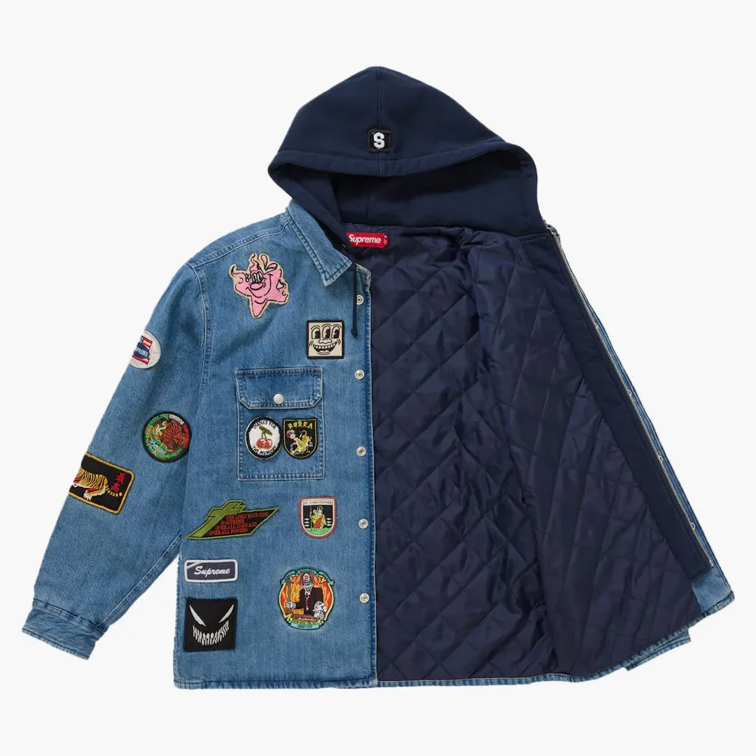 Supreme Patches Hooded Zip Up Shirt Denim