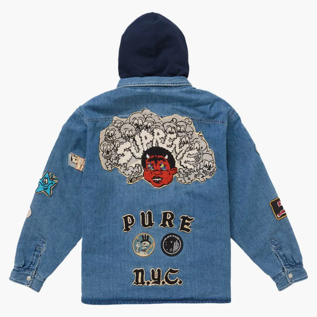 Supreme Patches Hooded Zip Up Shirt Denim - Image 2