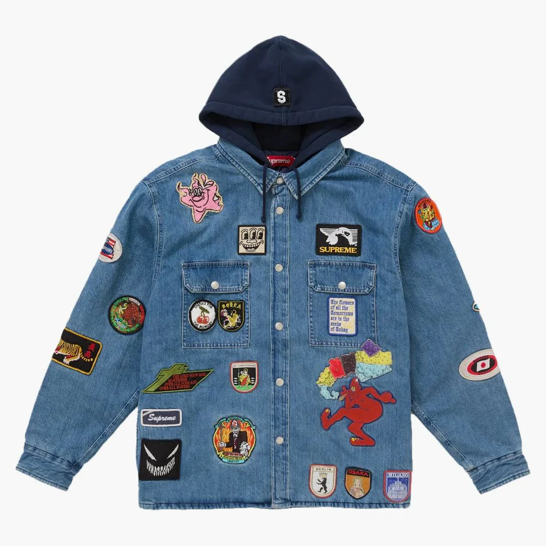 Supreme Patches Hooded Zip Up Shirt Denim - Image 3