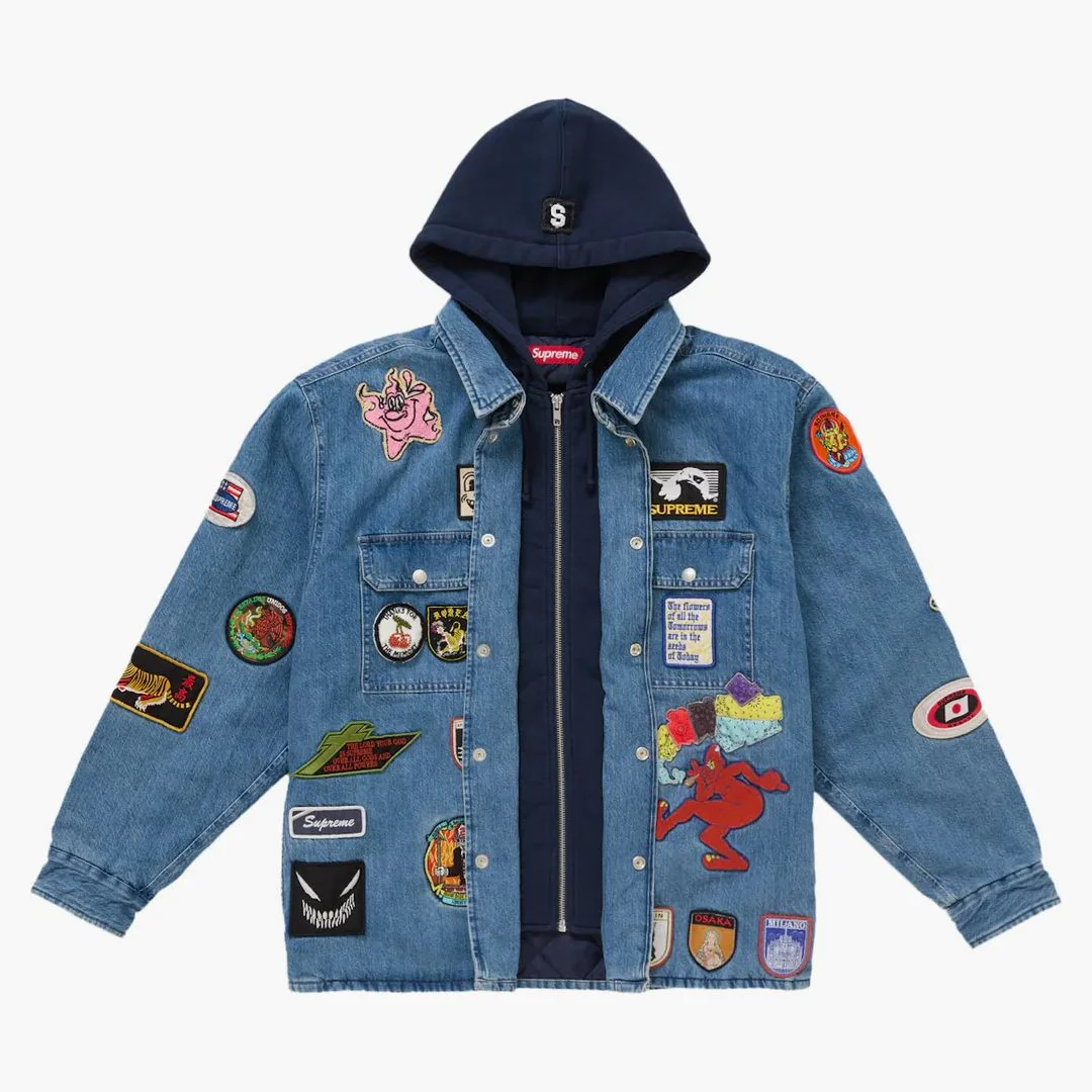 Supreme Patches Hooded Zip Up Shirt Denim - Image 4