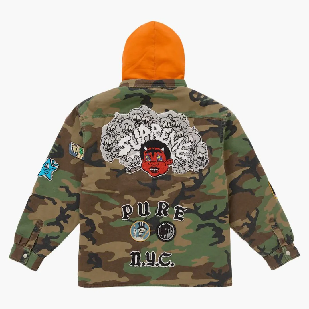 Supreme Patches Hooded Zip Up Shirt Woodland Camo - Image 2