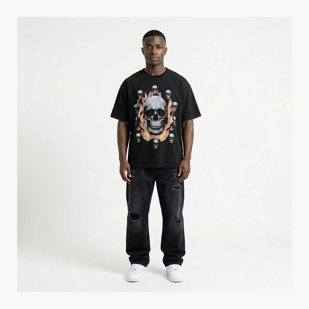 Warman Fire Circle Skulls Graphic T-Shirt Black - Image 2